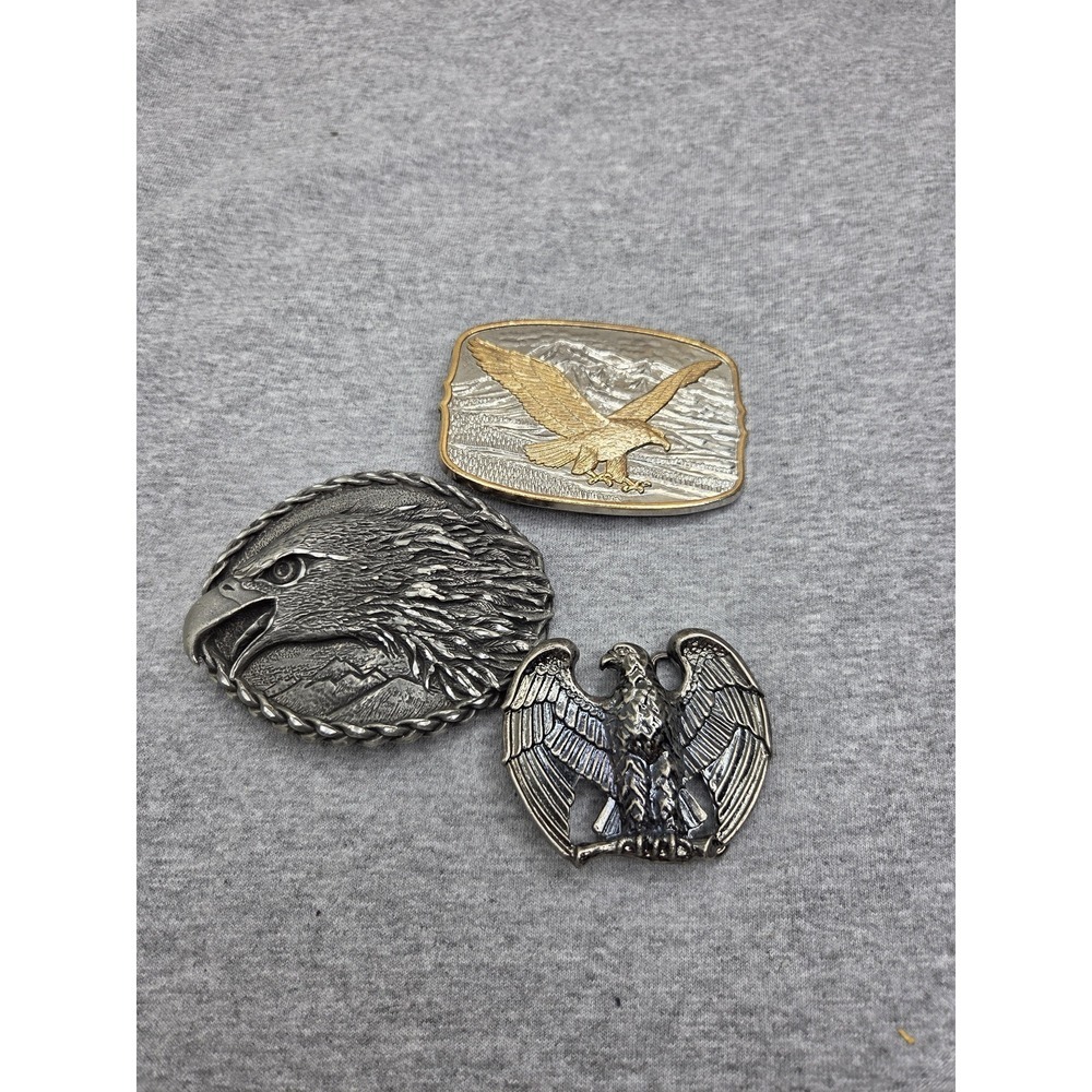 Lot of 3 Vintage American Eagle Belt Buckles Patriotic Bicentennial Silver